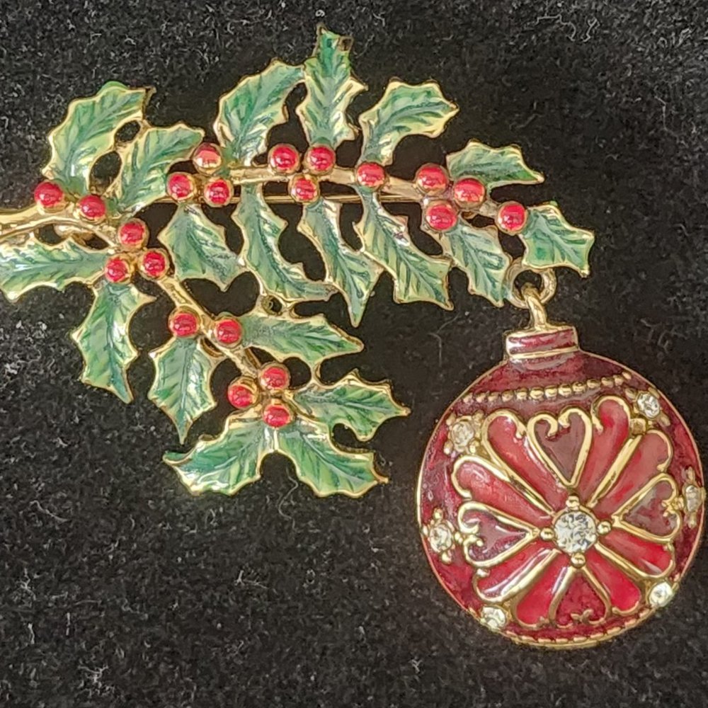 Monet Holly and Ivy with Christmas Bulb Pin Brooch Vintage